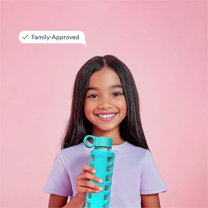 purifyou 40oz / 32oz / 22oz / 12oz Borosilicate Glass Water Bottle with Time & Volume Markers, Silicone Sleeve, Stainless Steel Lid | Reusable Glass Bottle for Water & Juice (12oz Aqua Blue)