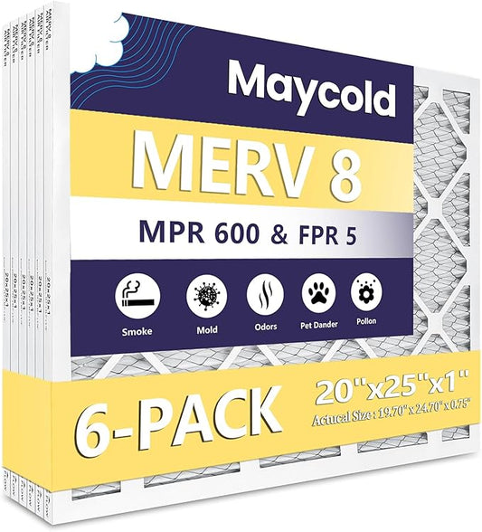 Maycold 20x25x1 MERV 8 Furnace Air Filters (6-Pack), Pleated HVAC AC Filter for Home or Office – Traps Dust, Lint & Pet Hair, Actual Size 19.70 x 24.70 x 0.75，Individually Wrapped in Plastic