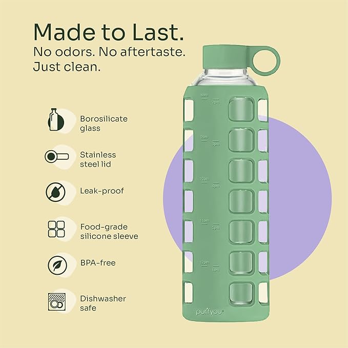 purifyou 40oz / 32oz / 22oz / 12oz Borosilicate Glass Water Bottle with Time & Volume Markers, Silicone Sleeve, Stainless Steel Lid | Reusable Glass Bottle for Water & Juice (32oz Shale Green)