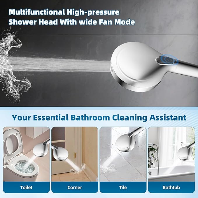 Hibbent All Metal Shower Head, 8'' High Pressure Rain Shower Head/Handheld Showerhead Combo with 16'' Adjustable Arc-shaped Extension Arm, 10 Sprays, 71'' Hose, Adhesive Showerhead Holder, Chrome