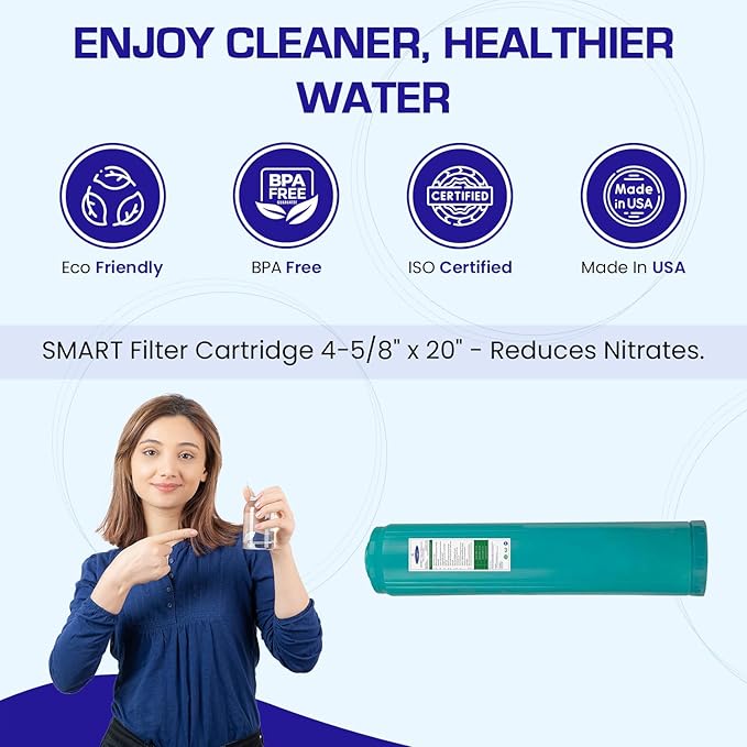 Crystal Quest Nitrate Removal + SMART Filter Cartridge 4-5/8" x 20" - Reduces Nitrates, Fits Reverse Osmosis & Whole House Systems, Long-Lasting, Easy Installation, Heavy-Duty Water Filtration