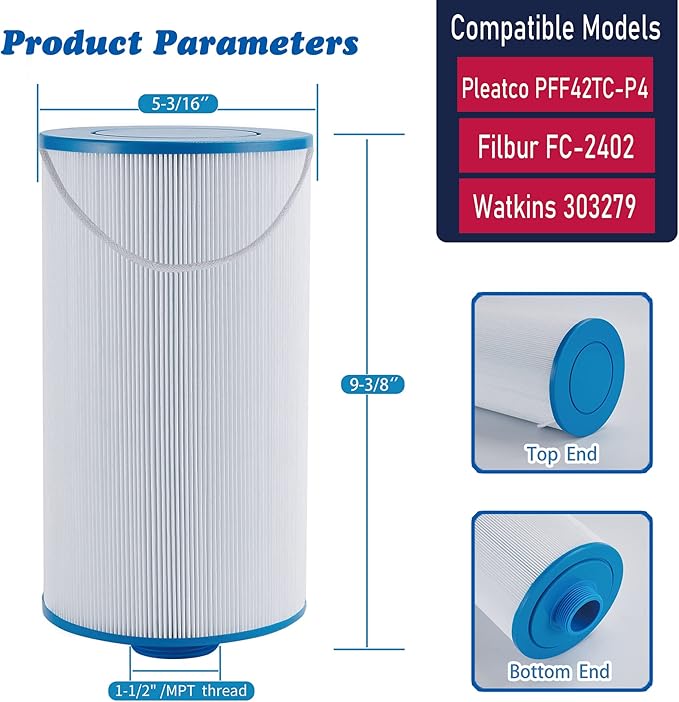 303279 Hot Tub Filter Replaces Filbur FC-2402, 5CH-37, PFF42TC-P4, 78460 and Lifesmart, AquaTerra, Fantasy, Freeflow, Simplicity, Bermuda, Aspire, Azure, Spa Filter-2 Pack