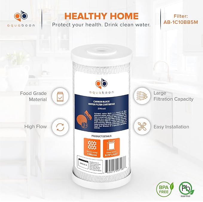 Aquaboon 5 Micron 10x4.5 Carbon Block Water Filters Whole House CTO Water Filter Replacement Cartridge Compatible with FXHTC, CB-BB-10, EP-BB, 12-Pack