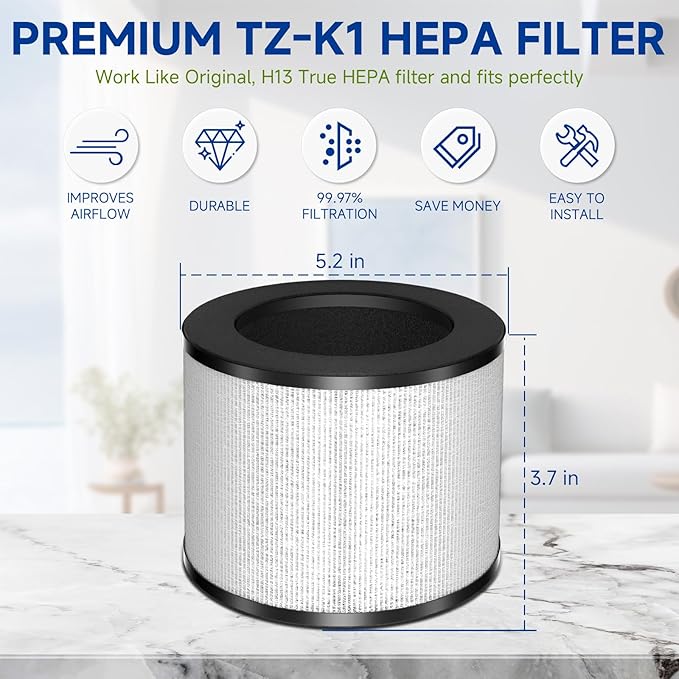 TZ-K1 Replacement Filter Compatible with ToLife TZ-K1 Filter, with FreAire KN6391, with Aroeve MK01 MK06 MG01JH Filter, 3-in-1 H13 HEPA Filter 360° Rotating, Activated Carbon and Pre-filter, 3 Pack