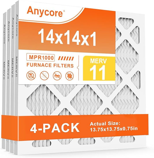 14x14x1 AC Air Filter 4-Pack MERV 11 MPR 1000 FPR 7 HVAC Furnace Pleated Filters for Home Office (Actual Size: 13.75x13.75x0.75 inch)
