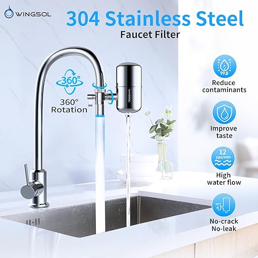 WINGSOL Stainless Steel Water Filter for Sink Faucet, NSF/ANSI 42&53, Temp. Sensor LED Light, 360° Rotating Tap Purifier Reduce PFAS, Lead, Chlorine & Microplastics, 350 Gallons Long-Lasting