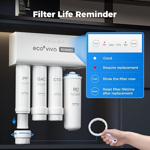 Ecoviva Alkaline Reverse Osmosis RO Water Filter Filtration Under Sink System (Grey Faucet, RO 800GPD)