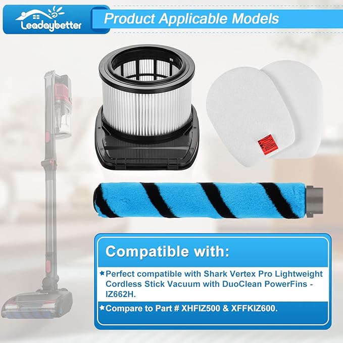 Leadaybetter Filter Replacement for Shark IZ662H Vertex Pro Lightweight Cordless Stick Vacuum with DuoClean PowerFins, 2 HEPA Filters, 1 Soft Roller, Compare to Prat XHFIZ500 & XFFKIZ600 & 855FFJ362H