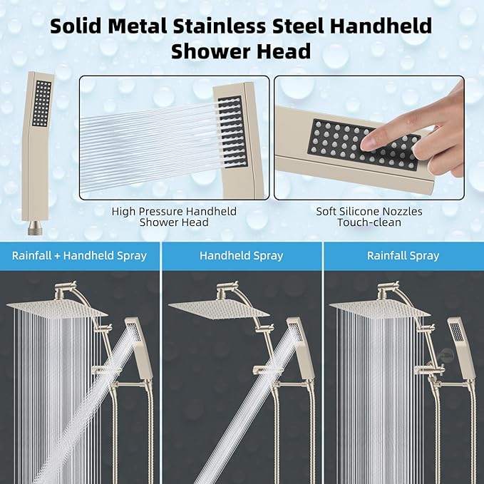 Hibbent All Metal 12'' Rainfall Shower Head, Dual Shower Head Combo, High Pressure Handheld Shower Wand, 16'' Adjustable Arc-shaped Shower Extension Arm, 71'' Hose, Showerhead Holder, Brushed Nickel