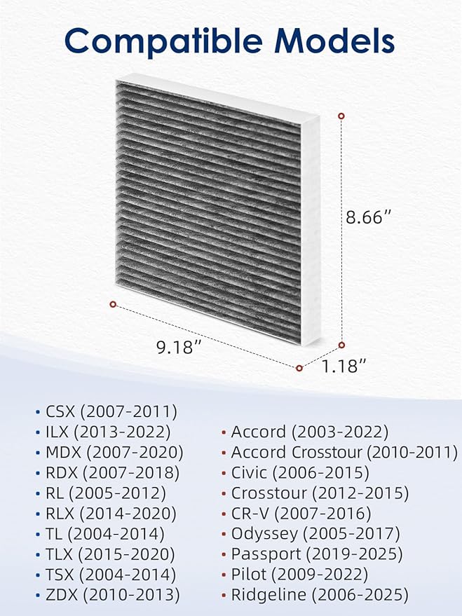 CF10134 Cabin Air Filter with Activated Carbon, Replacement for CP134 Honda & Acura Vehicles Civic CR-V Odyssey CSX ILX MDX RDX AT134, A/C Car Filter 3-Pack