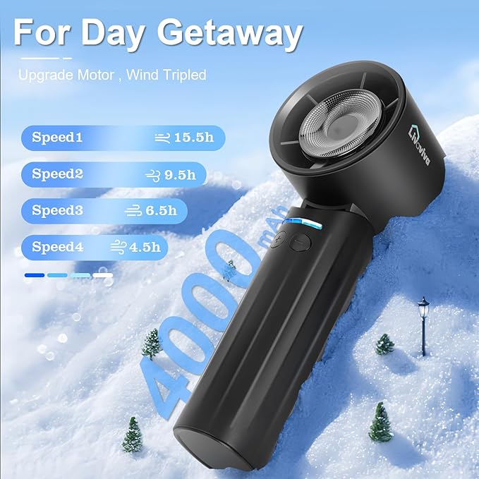 Handheld fan, adjustable blowing angle, mini portable turbo fan, USB Type-C rechargeable, infinitely variable speed high-speed personal fan, 11 Hours Battery Life (Black)