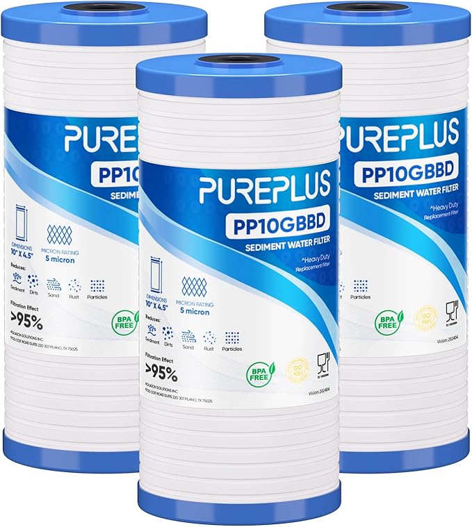 PUREPLUS AP810 Whole House Grooved Sediment Water Filter, Replacement Cartridge for 3M Aqua-Pure AP810, AP811, AP801, AP801-C, AP801T, AP801B, Whirlpool WHKF-GD25BB,WHKF-DWHBB,5 Micron 10"x4.5", 3Pack