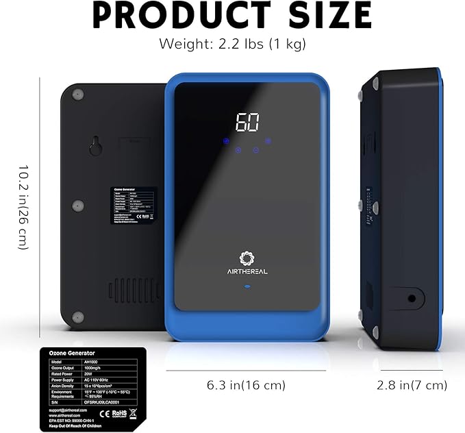 Airthereal AH1000 Portable Ozone Machine for Water and Air - 1000 mg/h, Multipurpose Liquid Ozonator with Negative Ion and Timer