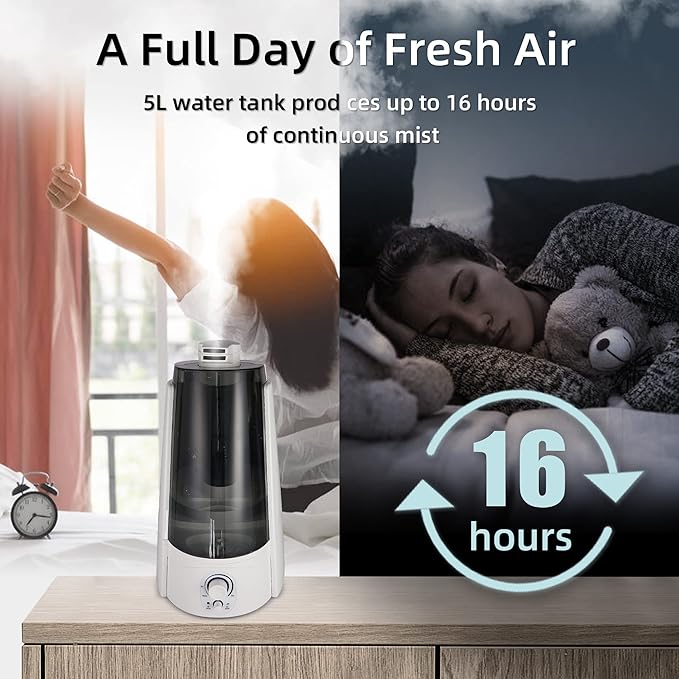 Cool Mist Humidifier for Office & Bedroom, 5L Top Fill Personal Humidifier with Adjustable Mist Mode, 2 Settings, Anion Technology, Ultra Quiet, Auto Shut-Off, Lasts Up to 15 Hours – Black