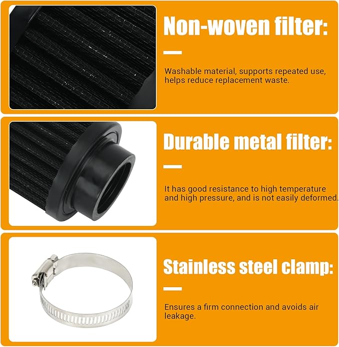 PTNHZ Universal Black Neck 1.5" 38mm Car High Flow Cold Air Intake Air Filter Power Intake Air Inlet System Air Cleaner