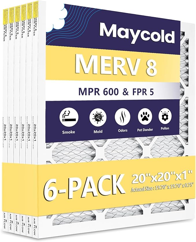 Maycold 20x20x1 MERV 8 Furnace Air Filters (6-Pack), Pleated HVAC AC Filter for Home or Office – Traps Dust, Lint & Pet Hair, Actual Size 19.70 x 19.70 x 0.75，Individually Wrapped in Plastic