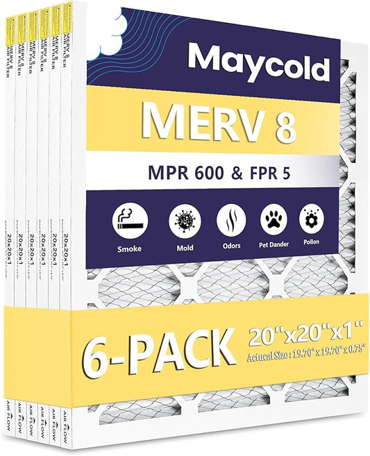 Maycold 20x20x1 MERV 8 Furnace Air Filters (6-Pack), Pleated HVAC AC Filter for Home or Office – Traps Dust, Lint & Pet Hair, Actual Size 19.70 x 19.70 x 0.75，Individually Wrapped in Plastic