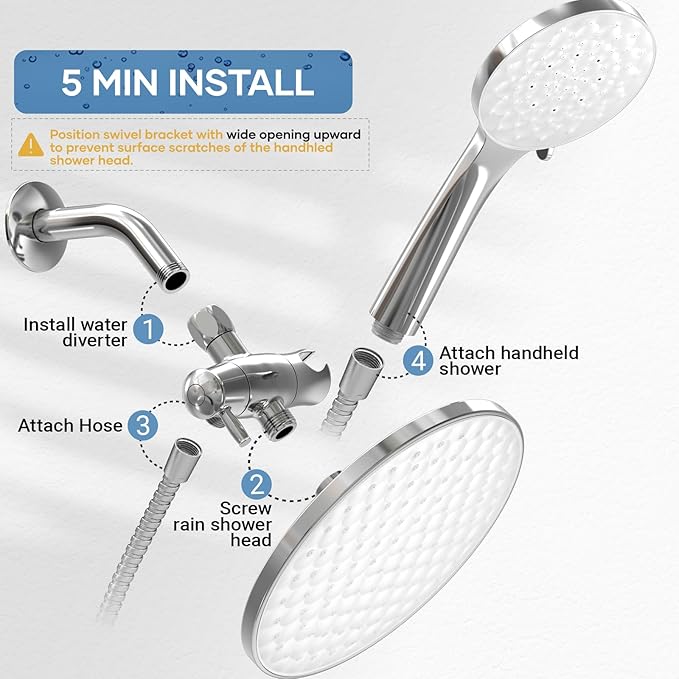 8.6 inch High Pressure 3-Way Shower Heads Combo, Pulsating Rainfall Shower Head, 6-Settings Dual Shower Head with Handheld Hose 6ft Chrome