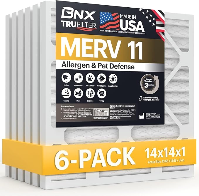 BNX TruFilter 14x14x1 Air Filter MERV 11 (6-Pack) - MADE IN USA - Allergen Defense Electrostatic Pleated Air Conditioner HVAC AC Furnace Filters for Allergies, Dust, Pet, Smoke, Allergy MPR 1200 FPR 7