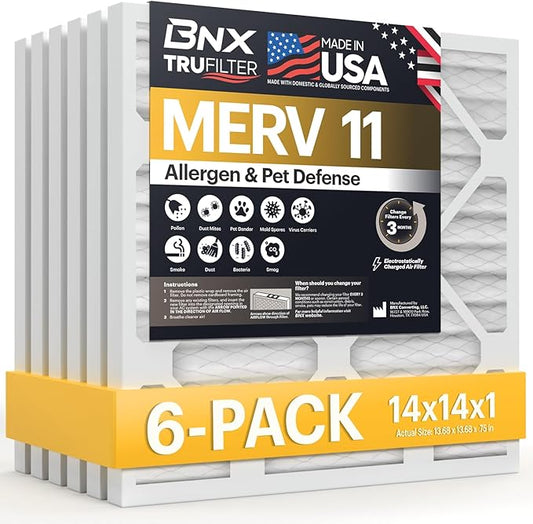 BNX TruFilter 14x14x1 Air Filter MERV 11 (6-Pack) - MADE IN USA - Allergen Defense Electrostatic Pleated Air Conditioner HVAC AC Furnace Filters for Allergies, Dust, Pet, Smoke, Allergy MPR 1200 FPR 7