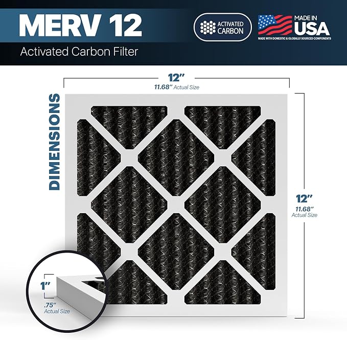 BNX TruFilter 12x12x1 MERV 12 Odor Defense (4-Pack) AC Furnace Air Filter with Activated Carbon - MADE IN USA - Pleated Air Conditioner HVAC AC Furnace Filters - Removes Odor, Mold, Bacteria, Smoke