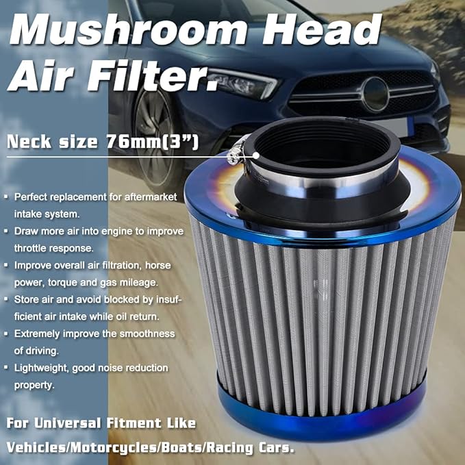 PTNHZ Universal Burnt Blue Neck 3" 76mm Car High Flow Cold Air Intake Air Filter Power Intake Air Inlet System Mushroom Head Air Cleaner