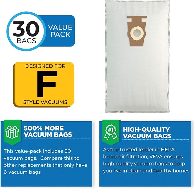 30 Pack HEPA Filter Bags Style F for Kirby Vacuum 204811, 204814, 205811, Avalir I, II, Sentria I, II, Ultimate G, Diamond, G3, G4, G5, G6, G7
