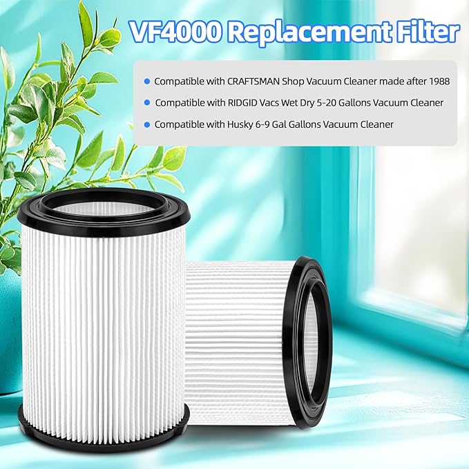 2-Pack VF4000 Filter Compatible with Ridgid Shop Vac,Standard Wet/dry Vac Filter Replacement Compatible with Ridgid 5-20 Gallon and Husky 6-9 Gallon Wet/Dry Vacuums Cleaner