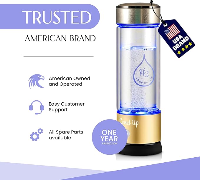 LevelUpWay 2025 Hydrogen Water Bottle Generator – New Technology Glass with SPE PEM Ionic Membrane – High Borosilicate Glass – 13 Ounce (Gold) – Premium Hydration Solution