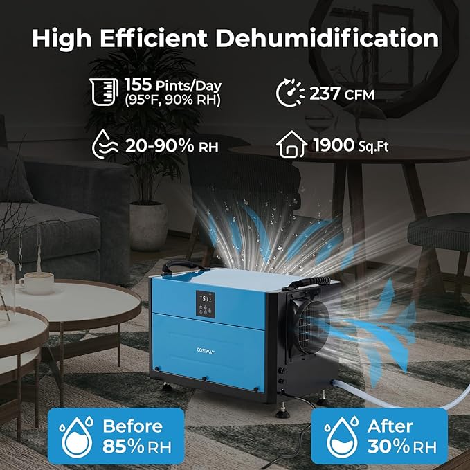 COSTWAY 155 PPD Commercial Dehumidifier, 1900 Sq.Ft Crawl Space Dehumidifier with 9.8 FT Drain Hose & Wired Remote Control Panel, Ideal for Basement, Warehouse (Blue)