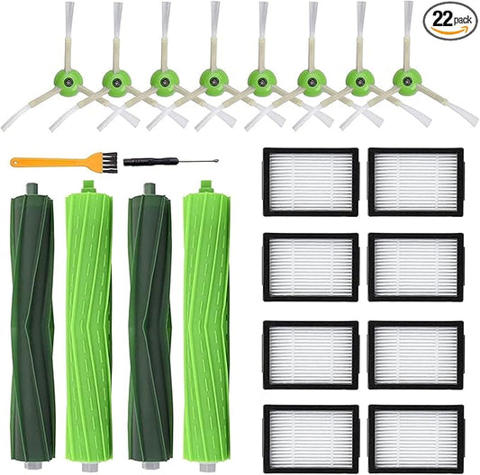 Replacement Parts for iRobot Roomba i7 i7+ i3 i3+ i4 i4+ i6 i6+ i8 i8+ E5 E6 E7 &J7 J7+ Vacuum Cleaner, 2 Set Rubber Brushes, 8 HEPA Filters, 8 Side Brushes, 1 Clean Brush, 1 Screwdriver, 22 Pack