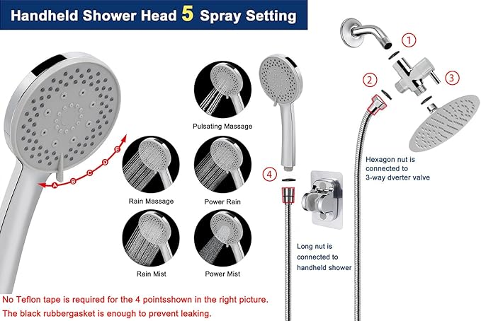 NearMoon Filtered Shower Head, High Pressure 8″Round Rain Shower and 5 settings Handheld Shower Filter Combo with Self-adhesive Holder/1.5M Hose -1 Replaceable Filter Cartridge (Chrome Finish)