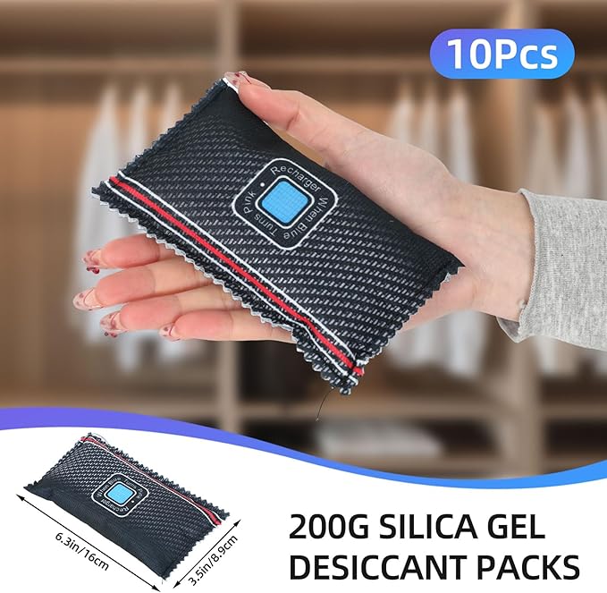 10 Pcs Rechargeable Desiccant Packs for Storage Silica Gel Packets Dry Moisture Absorbers Bags Reusable Desiccant Car Dehumidifiers Bags for Gun Safe Closet Basement Car Tool Box (200g)