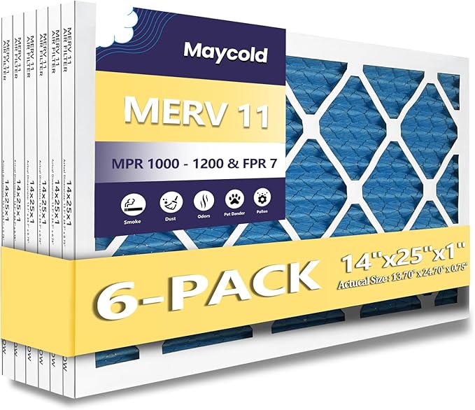 Maycold 14x25x1 MERV 11 Furnace Air Filter (6-Pack), High-Performance HVAC AC Filters for Home Use, Actual Size: 13.70” x 24.70” x 0.75”, Individually Wrapped in Plastic