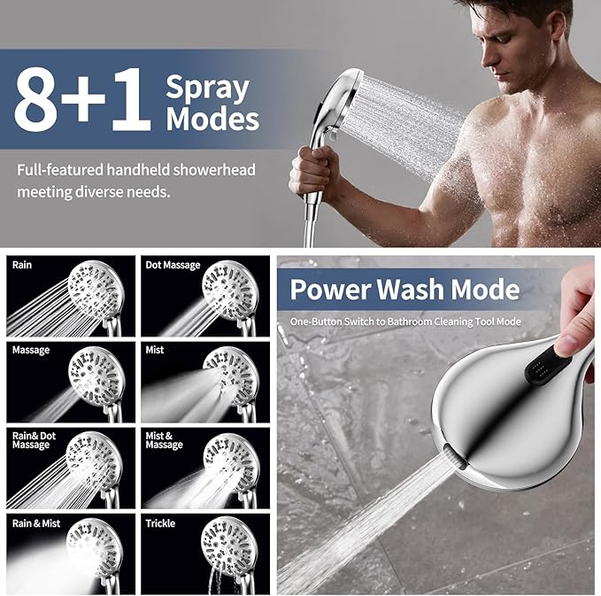 KAIYING Dual Shower Heads with Handheld Spray Combo, High Pressure Modern Rain Shower Head with 9-Mode Handheld Showerhead, Double Rainfall Shower Head with 79-Inch Stainless Steel Hose (Chrome)
