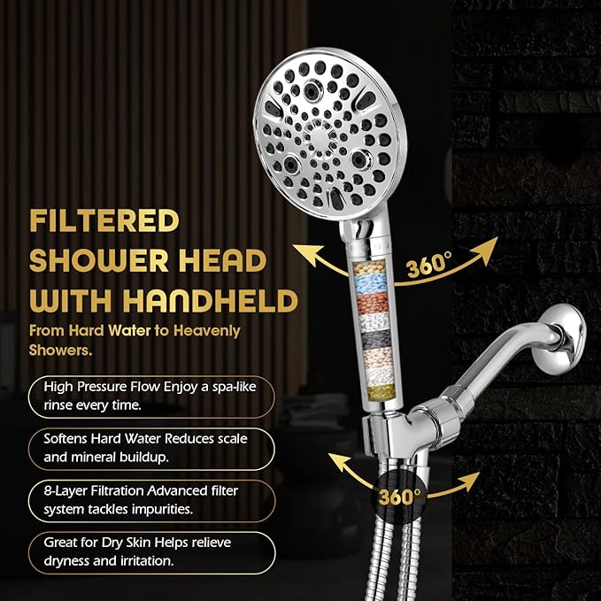 AQUAZEN® Filtered Shower Head | 10 Spray Modes | 8-Layer System Removes Chlorine, Calcium & Heavy Metals | High Pressure Handheld | Stainless Hose | Chrome Finish