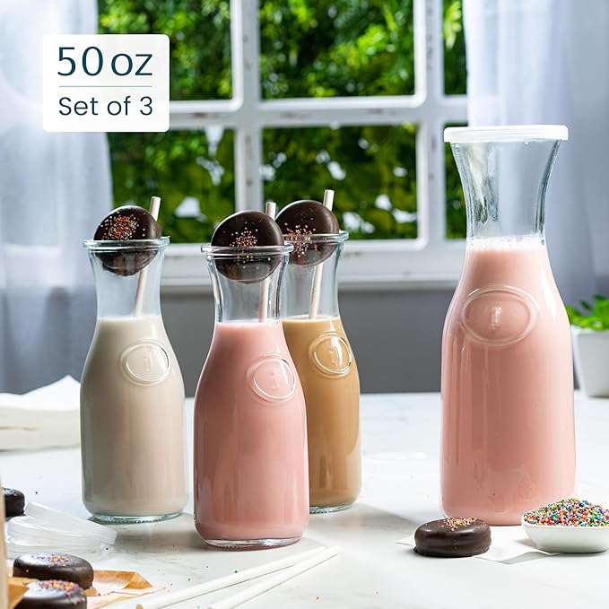 Glass Carafe Pitchers, by Kook, Large Carafe - set of 3, Beverage Dispensers, Clear Jugs For Mimosas, Water, Wine, Milk and Juice, with Plastic Lids, 50 oz Dishwasher Safe
