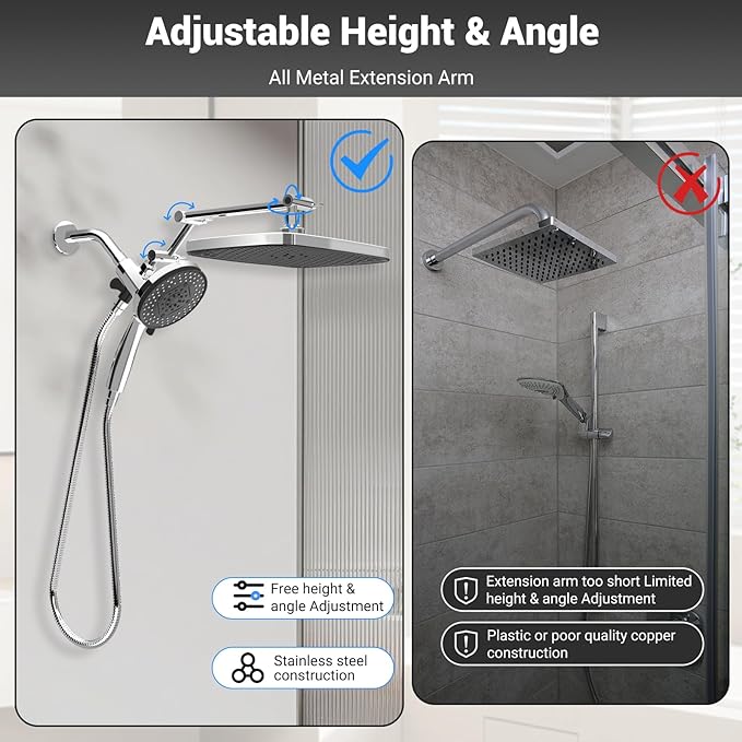 High Pressure Rain Shower Head with Handheld Spray Combo,10 Sprays Handheld Shower Head, Detachable Shower head Built-in Magnetic Docking and Power Jets (Chrome)