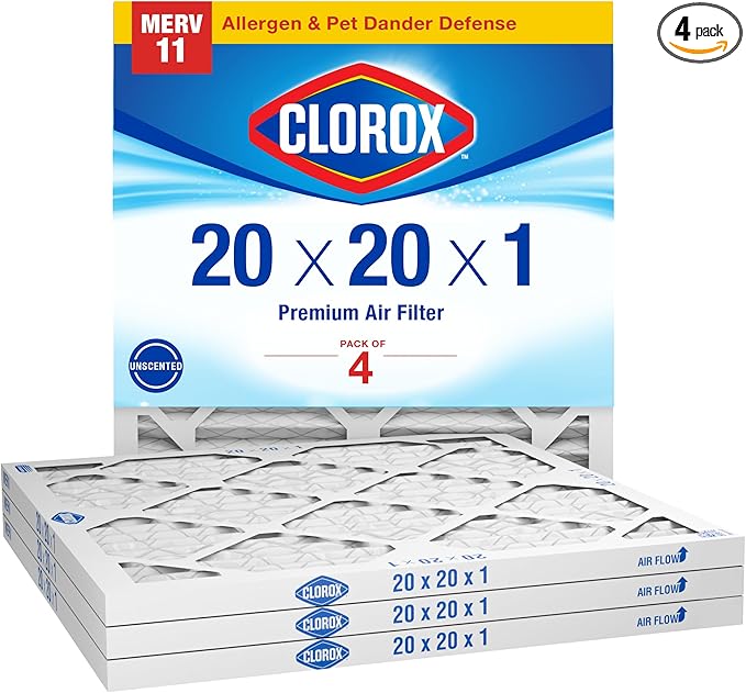 Clorox 20x20x1 Air Filter, MERV 11 Pleated HVAC AC Furnace Air Filters, MPR 1000 & FPR 7 – Pack of 4