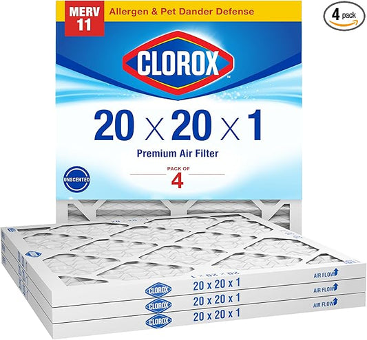 Clorox 20x20x1 Air Filter, MERV 11 Pleated HVAC AC Furnace Air Filters, MPR 1000 & FPR 7 – Pack of 4