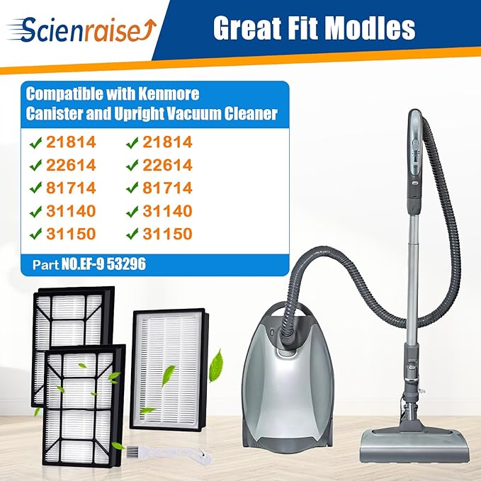 3 Pack EF-9 53296 HEPA Filter Compatible with Kenmore 22614 10065 31140 BU1005 BU1017 and Canister Vacuum Clenaner Elite 21814 31150 81714, EF-9 HEPA Vaccum Filter + 1 Clean Brush