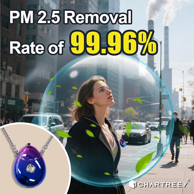 Personal Air Purifier, Chartreey® Wearable Air Purifier Necklace, True 199 million/cm³ Negative Ion, Portable Air Purifier Eliminates Dust, Pollen, Smoke for Outdoor, Travel(Purple)