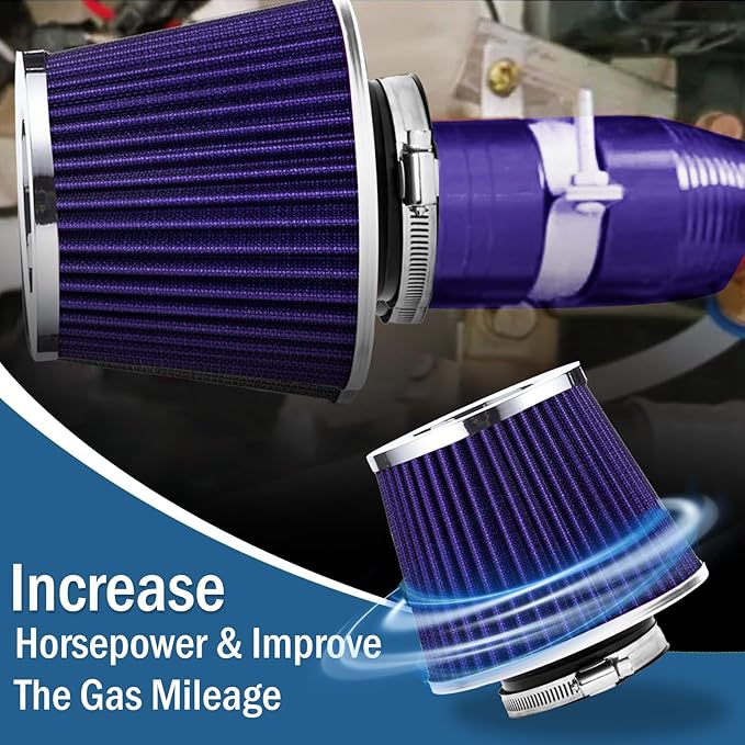 Universal Clamp-On Air Intake Filter, Fit Intake Tube with 3/3.5/4in Diameter, High Performance, Washable Filter, Replacement Air Filter, Flange Diameter 3inch/76mm (Purple)