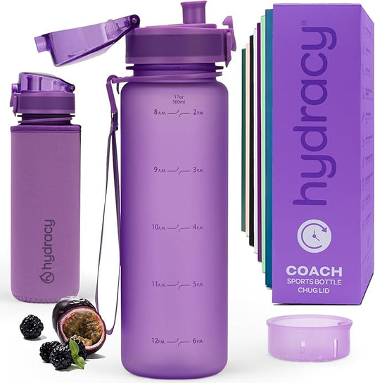 Hydracy Water Bottle with Time Marker -Large BPA Free Water Bottle & No Sweat Sleeve -Leak Proof Gym Bottle with Fruit Infuser Strainer & Times to Drink -Ideal for Fitness Sports & Outdoors