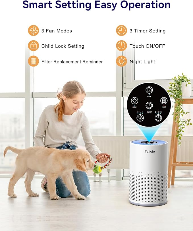 Air Purifiers for Bedroom Home Pets 1200 Ft², Tailulu H13 True HEPA Air Filter Portable Air Purifier with 12dB Sleep Mode, Speed Control, Timer, Quiet Air Cleaner For Odor Dust Smoke Pollen AP050