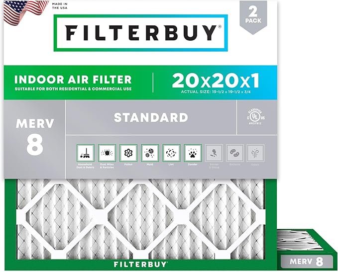 Filterbuy 20x20x1 Air Filter MERV 8 (MPR 700) Dust Defense Replacement (2-Pack), Electrostatic Pleated HVAC AC Furnace Filters, Made in USA (Actual Size: 19.50 x 19.50 x 0.75)
