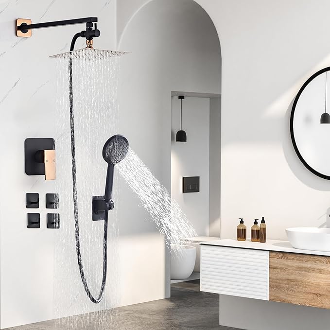 Shower Head Combo Matte Black and Rose Gold, 8 Inch Rain Shower Head with Handheld 5 Spray Modes High Pressure Rainfall Shower Heads System, 15 Inch Shower Adjustable Extension Arm