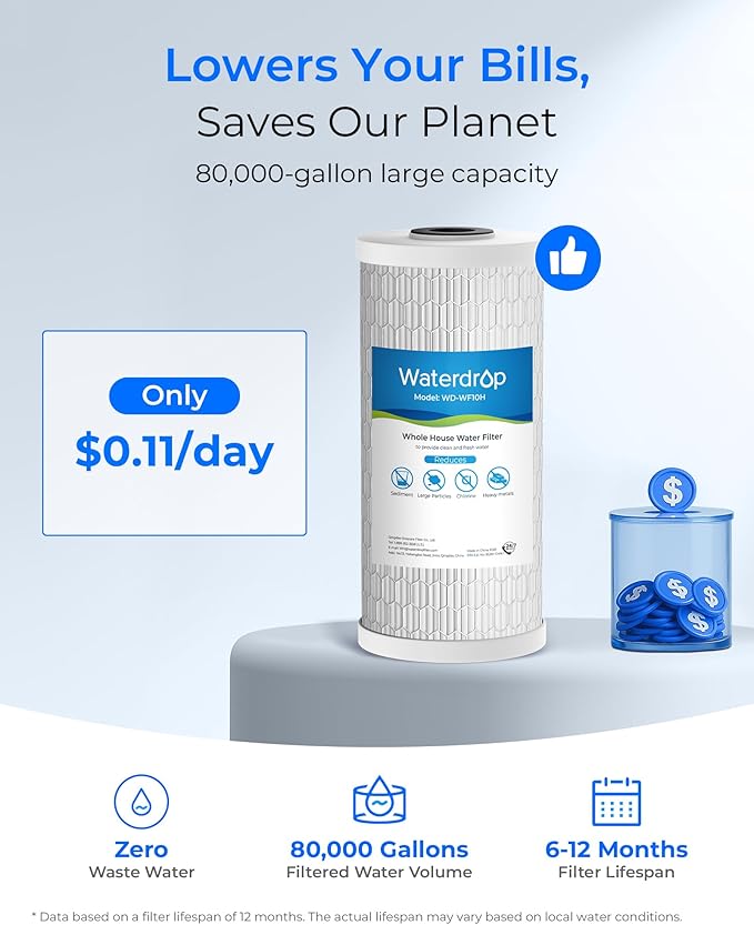 Waterdrop Whole House Water Filter, Sediment Filter Reduce Heavy Metal Filter Cartridge, Replacement for GE® FXHTC, GXWH40L, iSpring, Culligan® RFC-BBSA, Whirlpool®, Any 10" x 4.5" System, 5 Micron