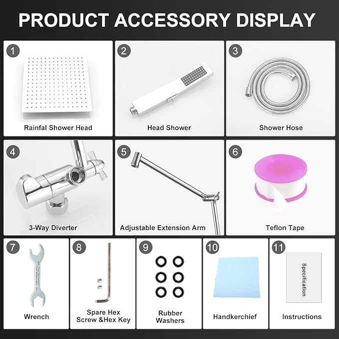 All Metal 12 Inch Rain Shower Head with Handheld Spray Combo, High Pressure Waterfall Rainfall Square Shower Heads with 16" Adjustable Extension Arm, Dual Showerhead with 3-Way Diverter, Chrome