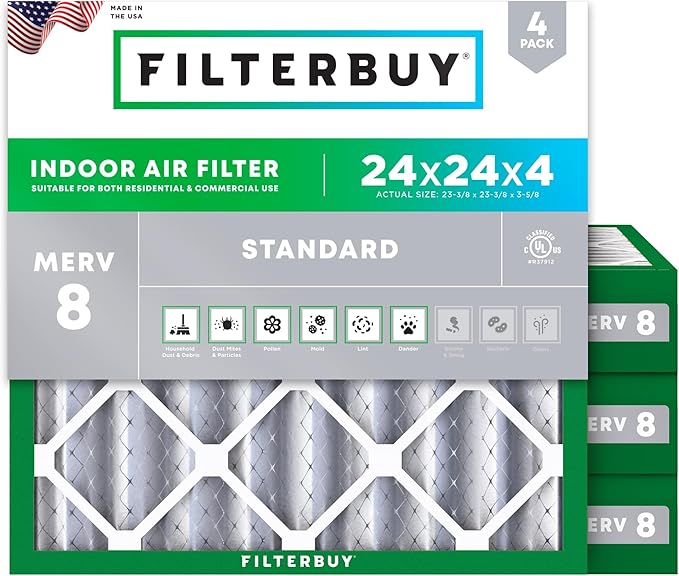 Filterbuy 24x24x4 Air Filter MERV 8 (MPR 700) Dust Defense Replacement (4-Pack), Electrostatic Pleated HVAC AC Furnace Filters, Made in USA (Actual Size: 23.38 x 23.38 x 3.63)